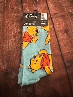 Disney Winnie the Pooh Crew Socks - Light Blue and Yellow with Red Accents
